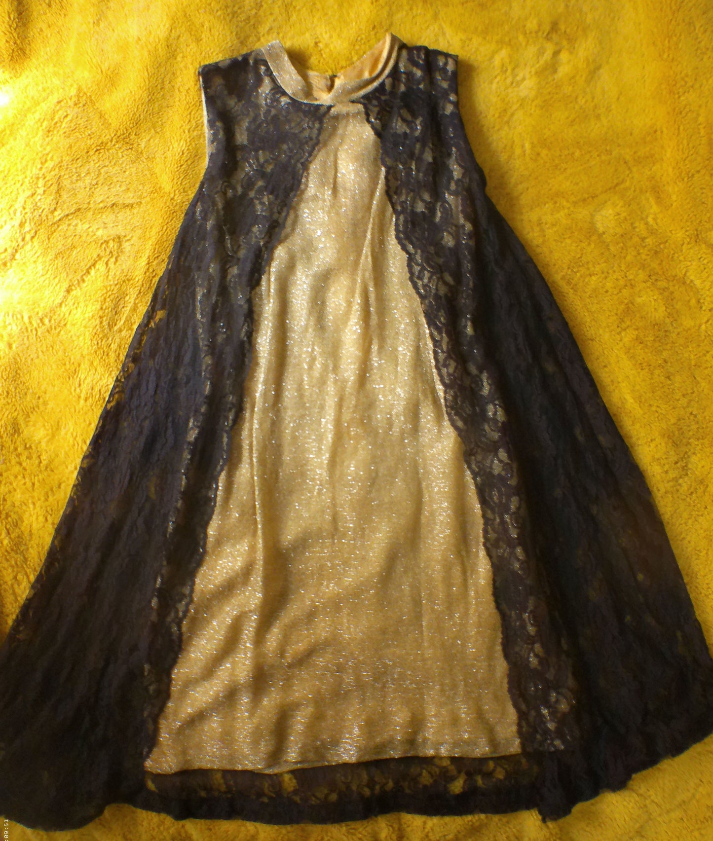 1960's Homemade Stretchy Sparkly Gold and Black Lace A-Line Dress