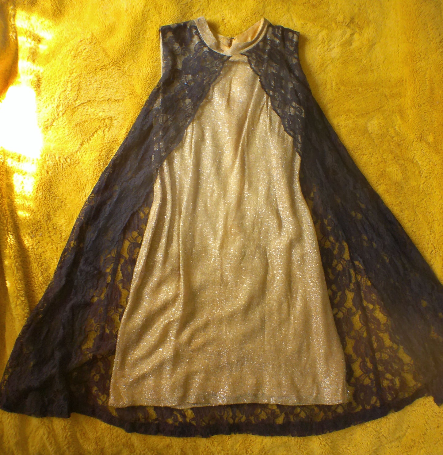 1960's Homemade Stretchy Sparkly Gold and Black Lace A-Line Dress