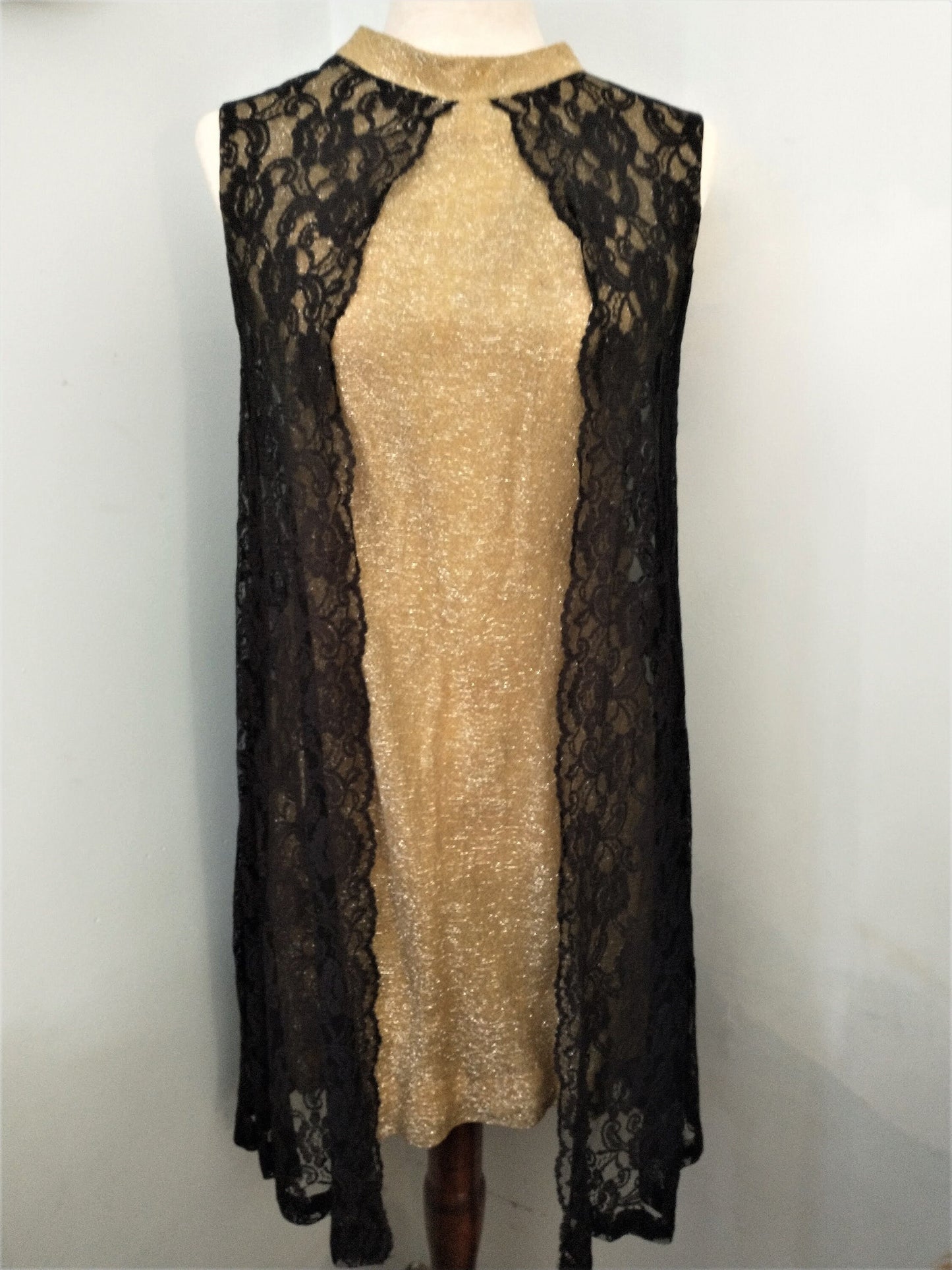 1960's Homemade Stretchy Sparkly Gold and Black Lace A-Line Dress