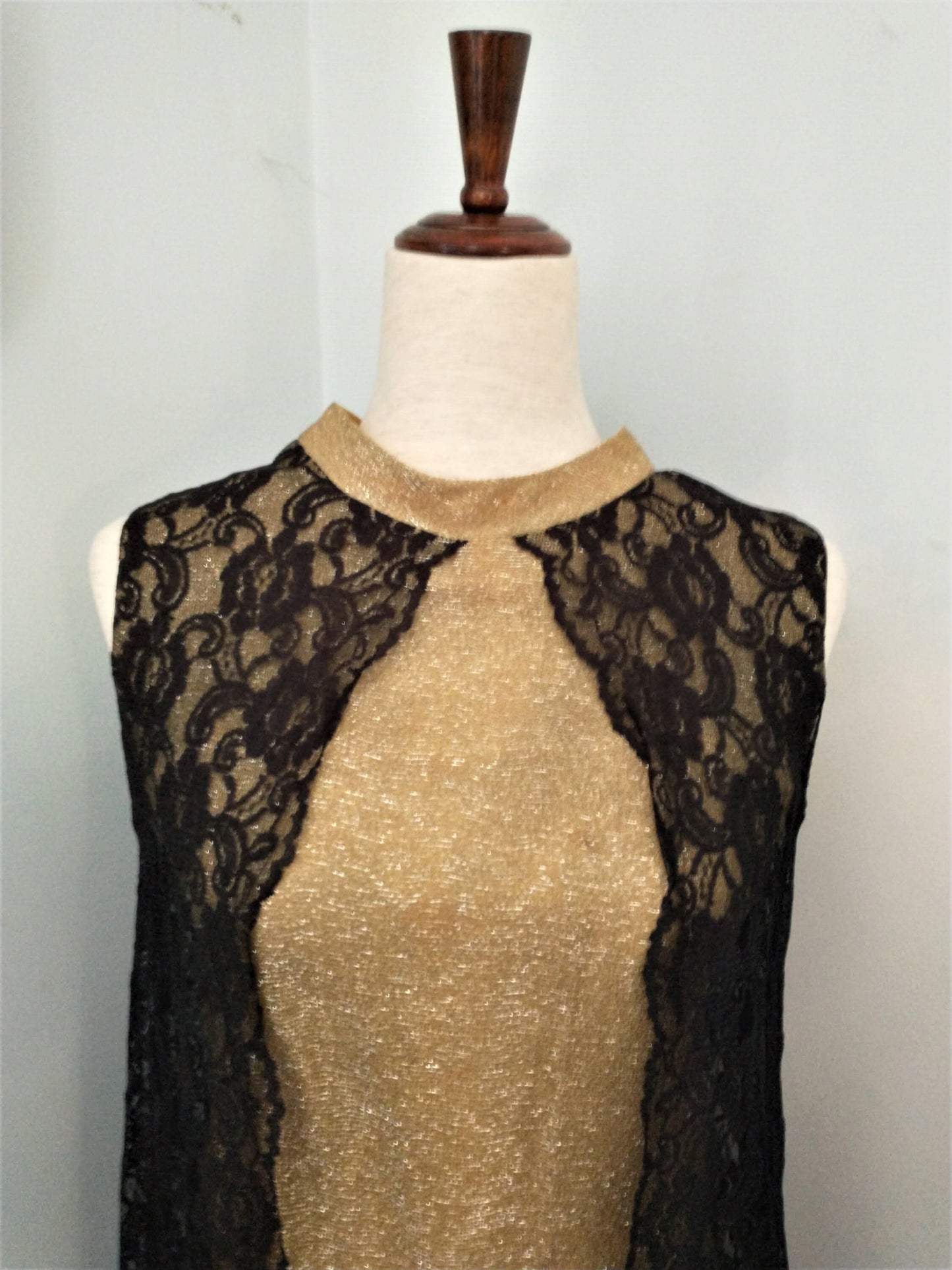 1960's Homemade Stretchy Sparkly Gold and Black Lace A-Line Dress