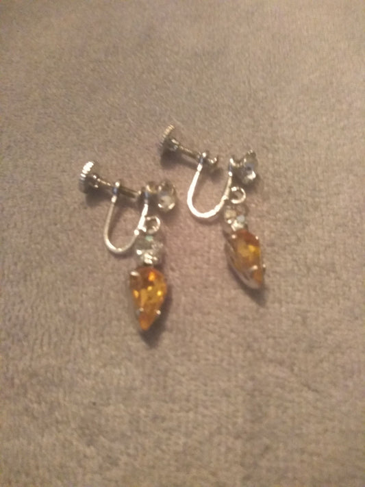 Amber Rhinestone Dangle Screw Back Earings